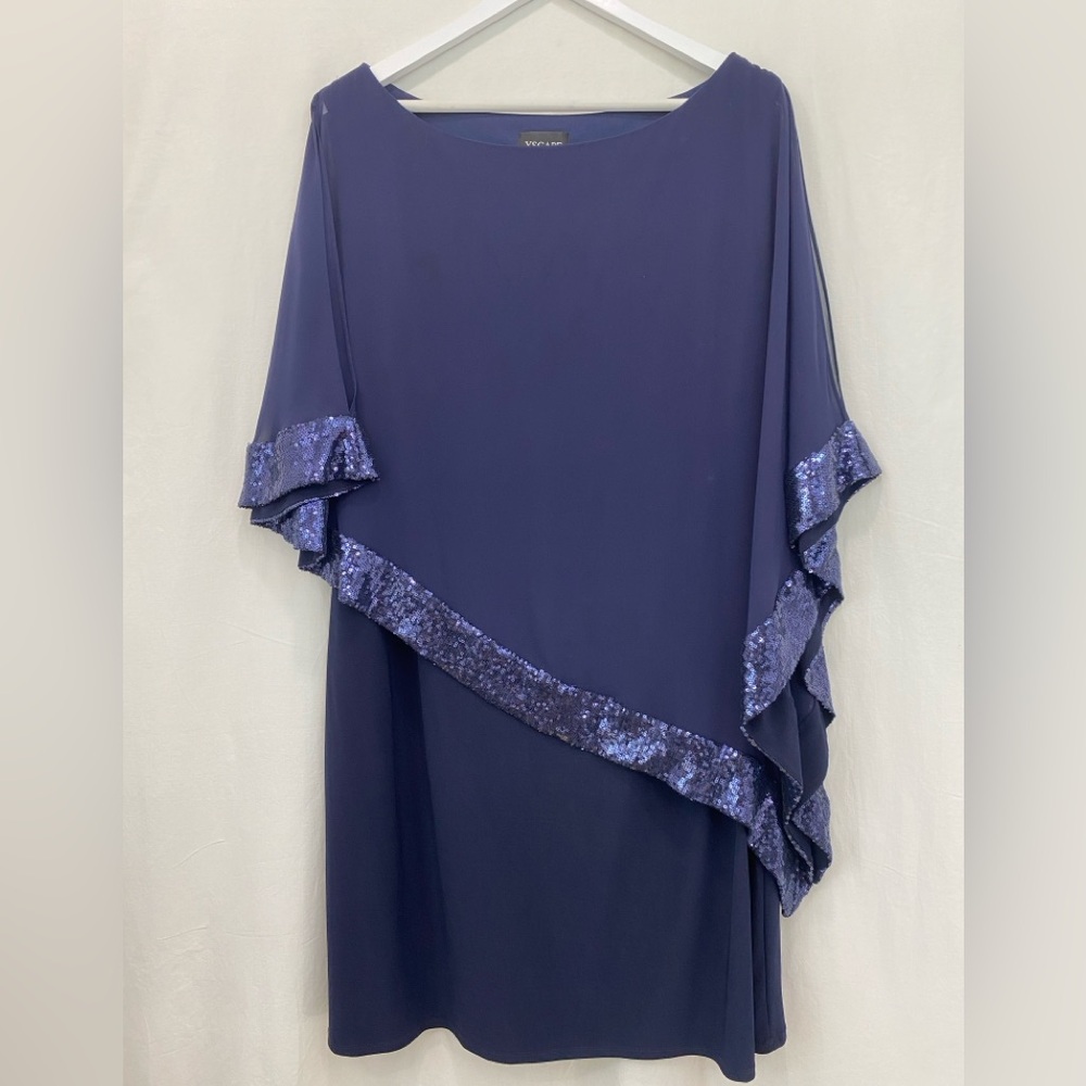 Xscape Navy Blue sheath wedding guest dress sheer chiffon capelet sequin 20W